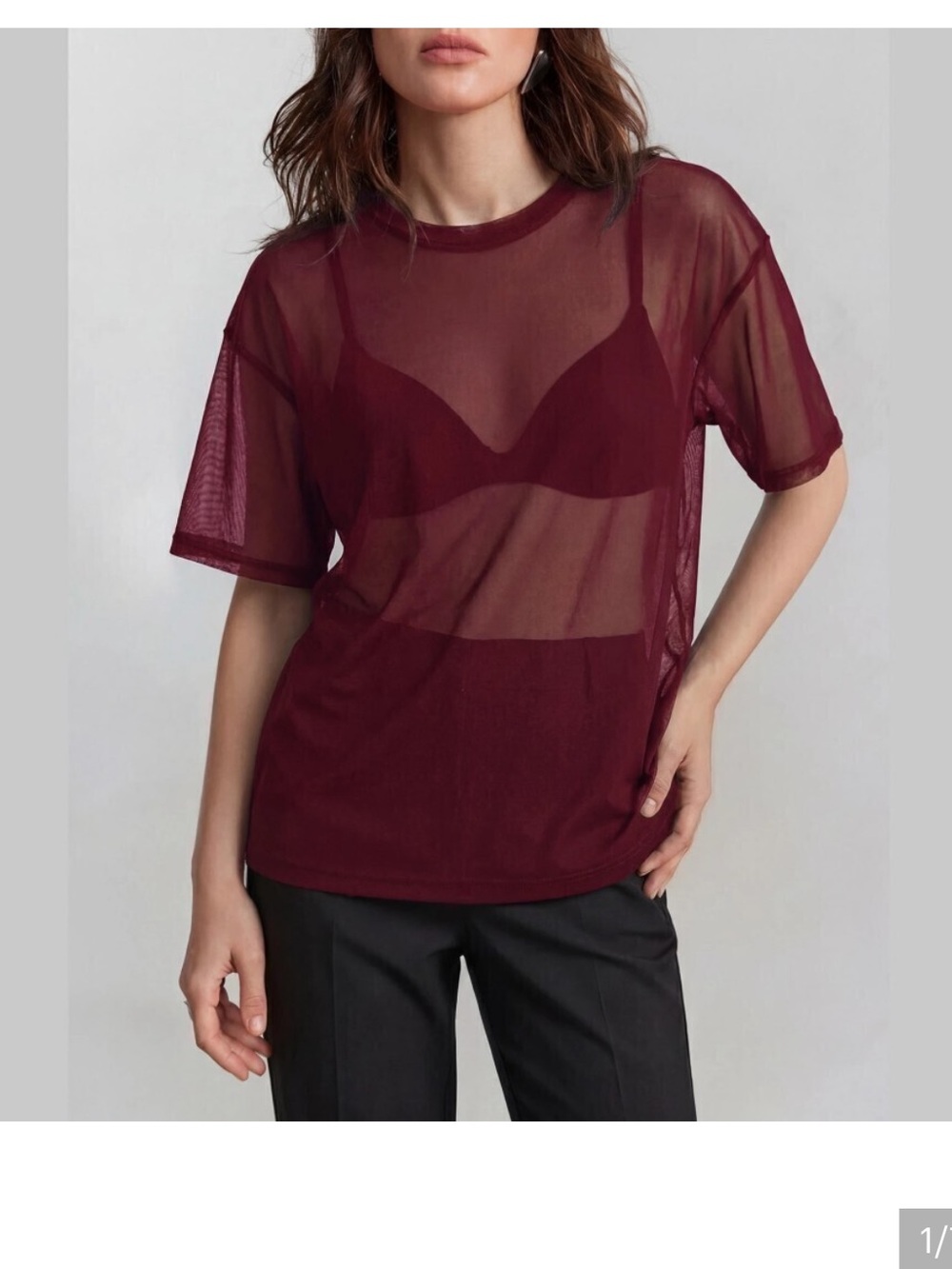 Burgundy Sheer Mesh Round Neck Short Sleeve Oversized Tee